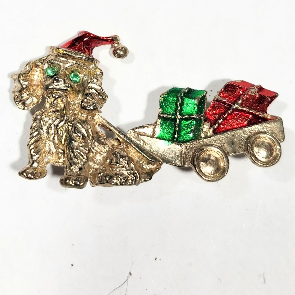 Vtg Beatrix 1960s Gold Tone Enamel.Rhinestone Santa Spaniel Gifts Pin Brooch